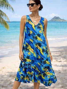 Royal Creations Hawaii Sleeveless Flounced V Neck Relaxed Fit Dress Mumu
